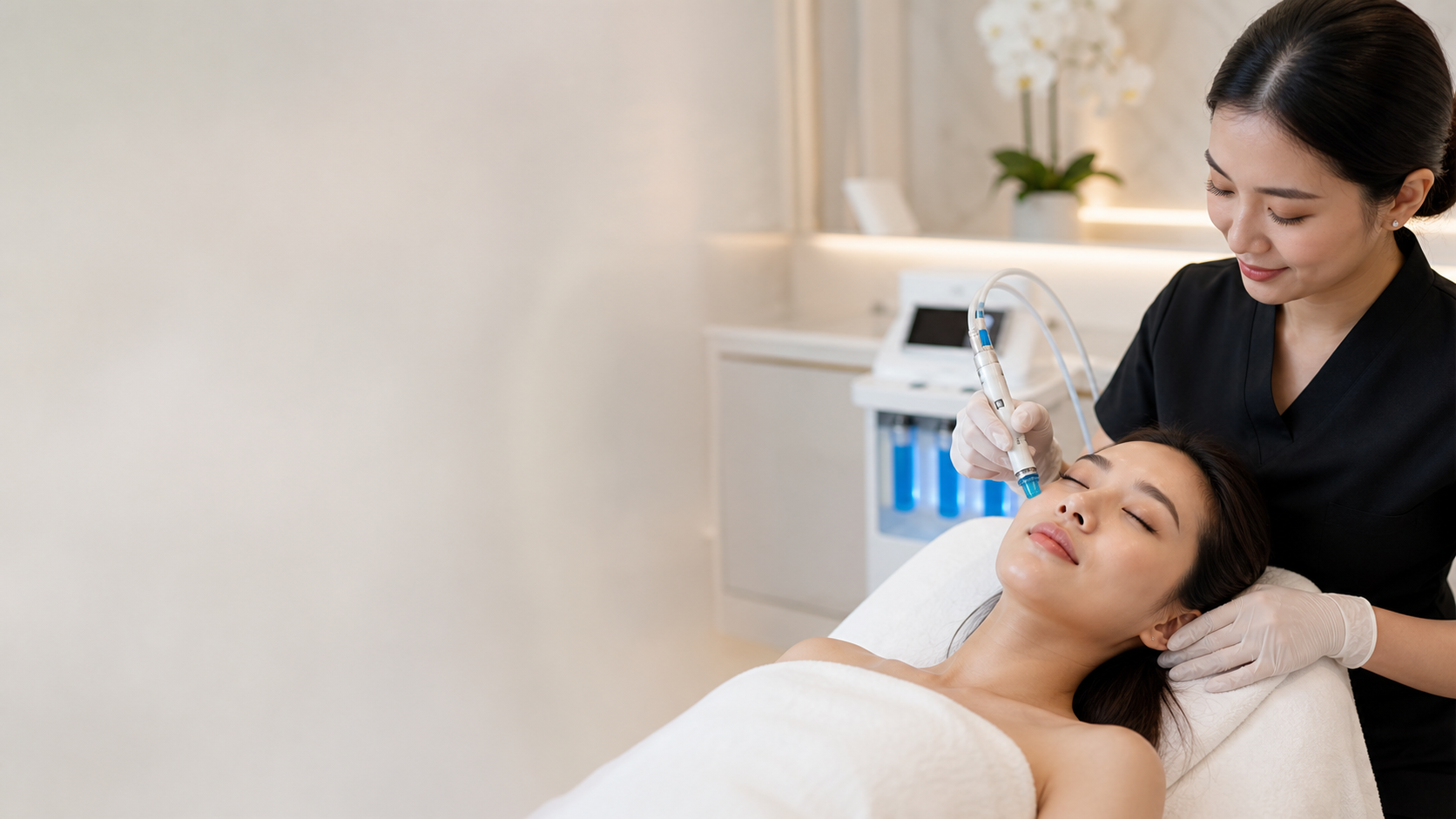 ผู้เชี่ยวชาญ Hydrafacial Thailand กำลังดูแลผิวลูกค้า